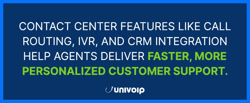 Contact center features like call routing, IVR, and CRM integration help agents deliver faster, more personalized customer support.